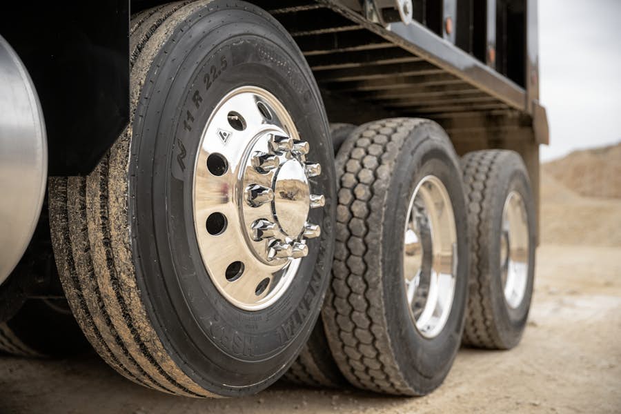 A close up of a truck tire